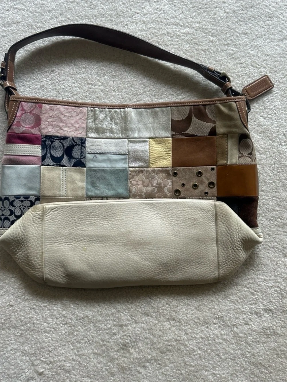 Coach Multicolor Patchwork Shoulder Bag in White, Brown, Pink, Blue